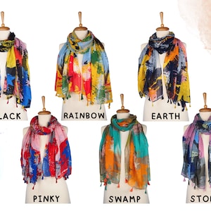 Colorful Rainbow Scarves with Tassels  Six Unique Colors in Nature Inspired Brush Pattern Scarf Collection Gift to Her/She Mother's Day Gift