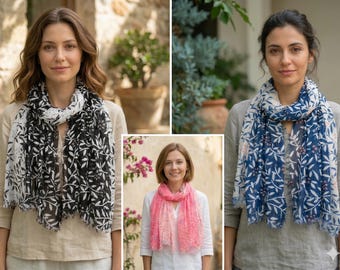 Olive Branch Blue Cotton Scarf, Personalized Gift Pouch