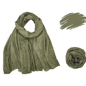 Green/Khaki Stone-Washed Cotton Scarf - Textured Unisex Scarf for All Seasons - Handmade Gift for Him or Her