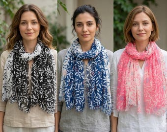 Blue Floral Turkish Cotton Scarf with Personalized Pouch
