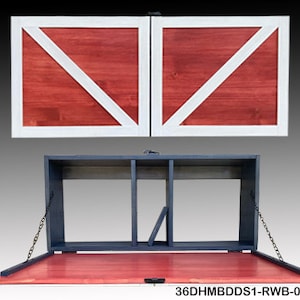 Clearance: 36&quot; W &quot;DEEP&quot; Barn Red, White, Navy Blue FAUX Double Doors Murphy Wall Bar w/Dropdown Serving Tray. Holds Up To 16 Bottles!