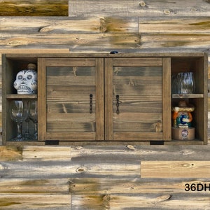 36&quot; W &quot;DEEP&quot; Brandy Tones Faux Double Door Rustic Murphy Wall Bar w/Dropdown Serving Tray. Left And Right Cubbies. Holds Up To 12 Bottles