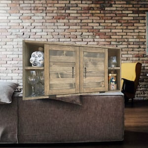 36&quot; W &quot;DEEP&quot; Faux Rustic Double Door Murphy Wall Bar w/Single Dropdown Serving Tray. Left And Right Cubbies. Holds Up To 12 Bottles