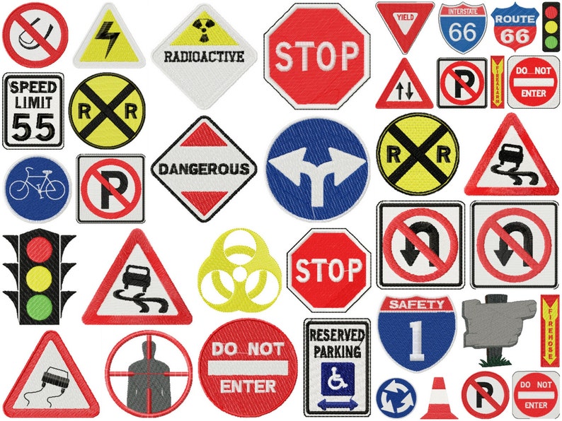 May include: A collection of 25 different traffic and warning signs, including stop signs, yield signs, railroad crossing signs, do not enter signs, and speed limit signs. The signs are all in various colors and shapes, and some have text on them.
