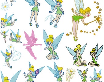 Puede incluir: Una colección de 15 imágenes bordadas de Campanita, el hada de la película de Disney Peter Pan. Las imágenes muestran a Campanita en varias poses, incluyendo volar, sentarse y sostener una varita mágica. Las imágenes están todas en un estilo de dibujos animados y son perfectas para usar en manualidades o como decoración.