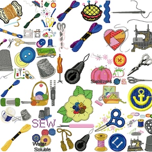 Puede incluir: Una colección colorida de diseños de bordado que representan artículos de costura, incluyendo carretes de hilo, agujas, tijeras, dedal, botones y una máquina de coser. Los diseños también incluyen frases como "Coser", "Soluble en agua", "Estabilizadores" y "Abrazos y besos".