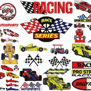 May include: A collection of colorful racing-themed embroidery designs. The designs include checkered flags, race cars, and phrases like "Take Me to the Races", "Racing", "Formula 1", "Pro Street Racing", and "Rally Fan".