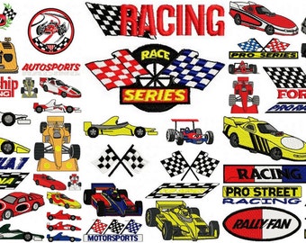 May include: A collection of colorful racing-themed embroidery designs. The designs include checkered flags, race cars, and phrases like "Take Me to the Races", "Racing", "Formula 1", "Pro Street Racing", and "Rally Fan".
