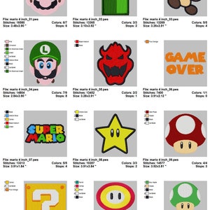 May include: A set of 12 embroidery designs featuring characters and objects from the Super Mario video game franchise. The designs include Mario, Luigi, a pipe, a Goomba, a star, a mushroom, a question block, a flower, and a 1-up mushroom. The designs are all in a pixelated style and are perfect for adding a touch of nostalgia to your projects.