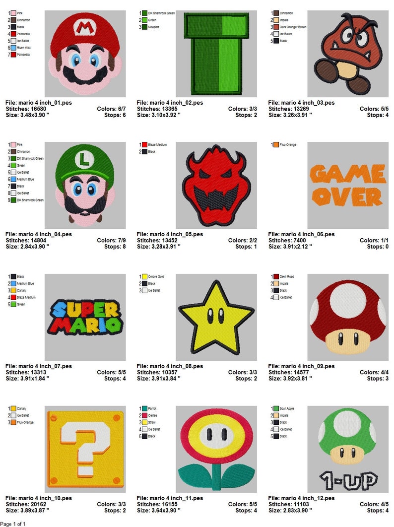 May include: A set of 12 embroidery designs featuring characters and objects from the Super Mario video game franchise. The designs include Mario, Luigi, a pipe, a Goomba, a star, a mushroom, a question block, a flower, and a 1-up mushroom. The designs are all in a pixelated style and are perfect for adding a touch of nostalgia to your projects.