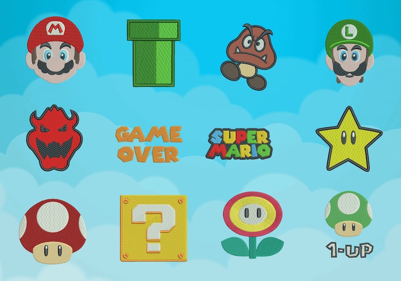 May include: A set of 12 embroidered iron-on patches featuring characters and objects from the Super Mario video game franchise. The patches include Mario, Luigi, a green pipe, a Goomba, a star, a Bowser, a question block, a mushroom, a flower, a 1-up mushroom, and the text "GAME OVER" and "SUPER MARIO".