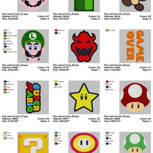 May include: A set of 12 embroidered patches featuring characters and objects from the Super Mario video game franchise. The patches are in various colors, including red, green, yellow, blue, and brown. The patches are approximately 6 inches in size.
