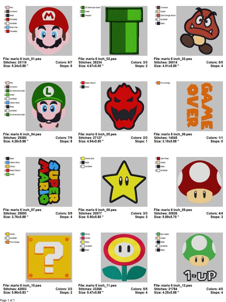 May include: A set of 12 embroidered patches featuring characters and objects from the Super Mario video game franchise. The patches are in various colors, including red, green, yellow, blue, and brown. The patches are approximately 6 inches in size.