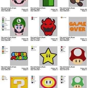 May include: A set of 12 embroidery designs featuring characters and objects from the Super Mario video game franchise. The designs include Mario, Luigi, a Goomba, a Koopa Troopa, a star, a question block, a flower, a pipe, and the words "Game Over" and "1-Up".