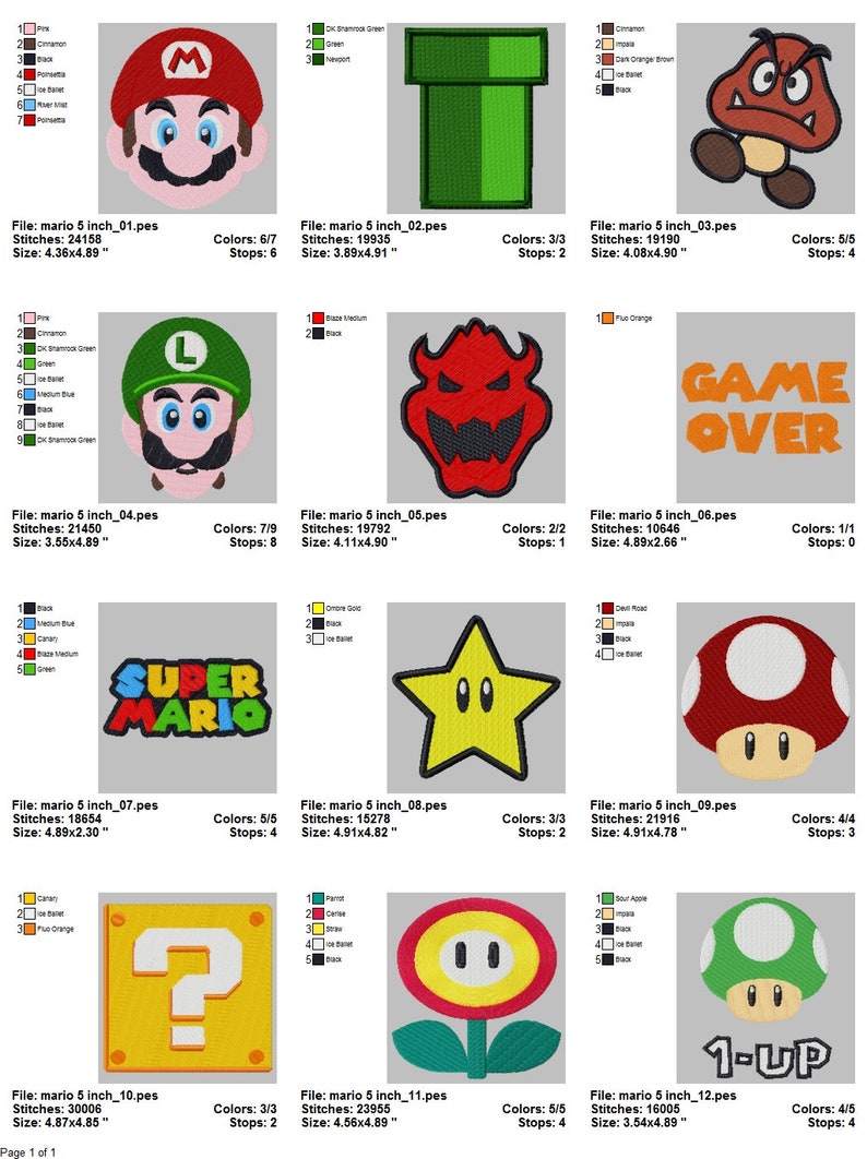 May include: A set of 12 embroidery designs featuring characters and objects from the Super Mario video game franchise. The designs include Mario, Luigi, a Goomba, a Koopa Troopa, a star, a question block, a flower, a pipe, and the words "Game Over" and "1-Up".