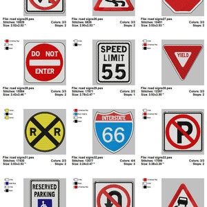 May include: A set of 12 embroidered road signs featuring various traffic signs, including a do not enter sign, a speed limit sign, a yield sign, a railroad crossing sign, an interstate highway sign, a no parking sign, and a no u-turn sign. The signs are all in different colors and sizes.