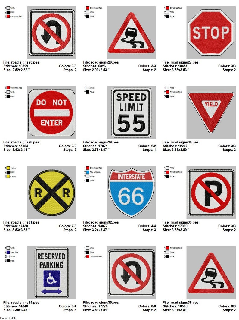 May include: A set of 12 embroidered road signs featuring various traffic signs, including a do not enter sign, a speed limit sign, a yield sign, a railroad crossing sign, an interstate highway sign, a no parking sign, and a no u-turn sign. The signs are all in different colors and sizes.
