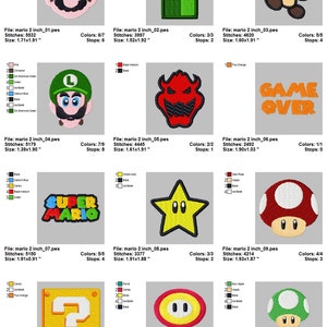 May include: A set of 12 embroidered patches featuring characters and objects from the Super Mario video game series. The patches are in various colors, including red, green, yellow, blue, and orange. The patches are approximately 2 inches in size.