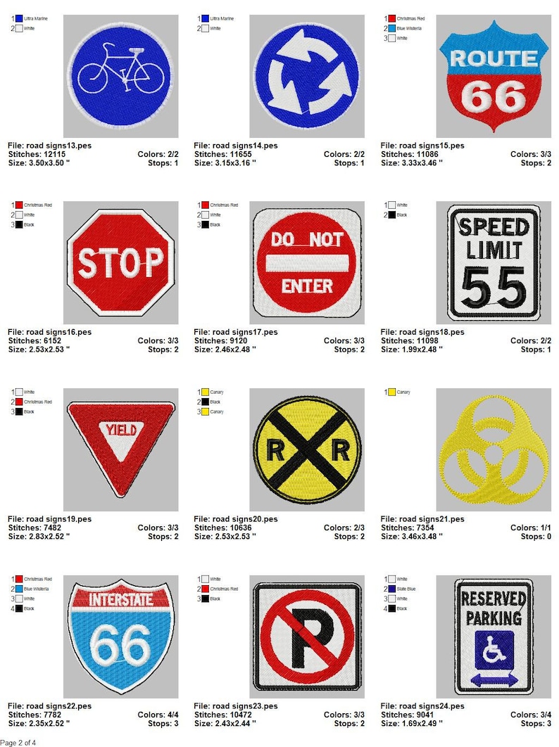 May include: A set of 12 embroidered road signs, including a stop sign, a yield sign, a do not enter sign, a railroad crossing sign, a speed limit sign, a route 66 sign, an interstate 66 sign, a no parking sign, and a reserved parking sign. The signs are all in different colors and sizes.
