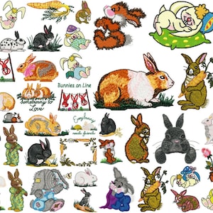 May include: A collection of embroidered bunny designs featuring various poses, colors, and expressions. Some bunnies are holding carrots, while others are sleeping or playing. The designs include phrases like "Somebody to Love" and "Everybody needs a friend".