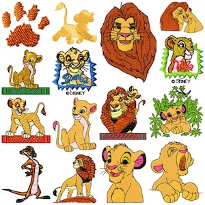 May include: A collection of embroidered images featuring characters from the Disney movie The Lion King. The images include Simba, Nala, Mufasa, Scar, and other characters. The images are colorful and detailed, and they would be perfect for a fan of the movie.
