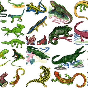 Può includere: Una collezione di disegni di rettili ricamati colorati, tra cui lucertole, serpenti, alligatori e tartarughe. I disegni sono perfetti per progetti di artigianato, come ricamo, punto croce e punto ad ago.