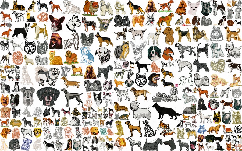 May include: A large collection of colorful dog breed illustrations, including a variety of breeds, poses, and styles. The illustrations are all on a white background.