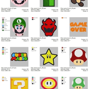May include: A set of 12 embroidered patches featuring characters and objects from the Super Mario video game series. The patches include Mario, Luigi, a pipe, a Goomba, a star, a mushroom, a question block, a flower, and a 1-up mushroom. The patches are all in different colors and are approximately 3 inches in size.