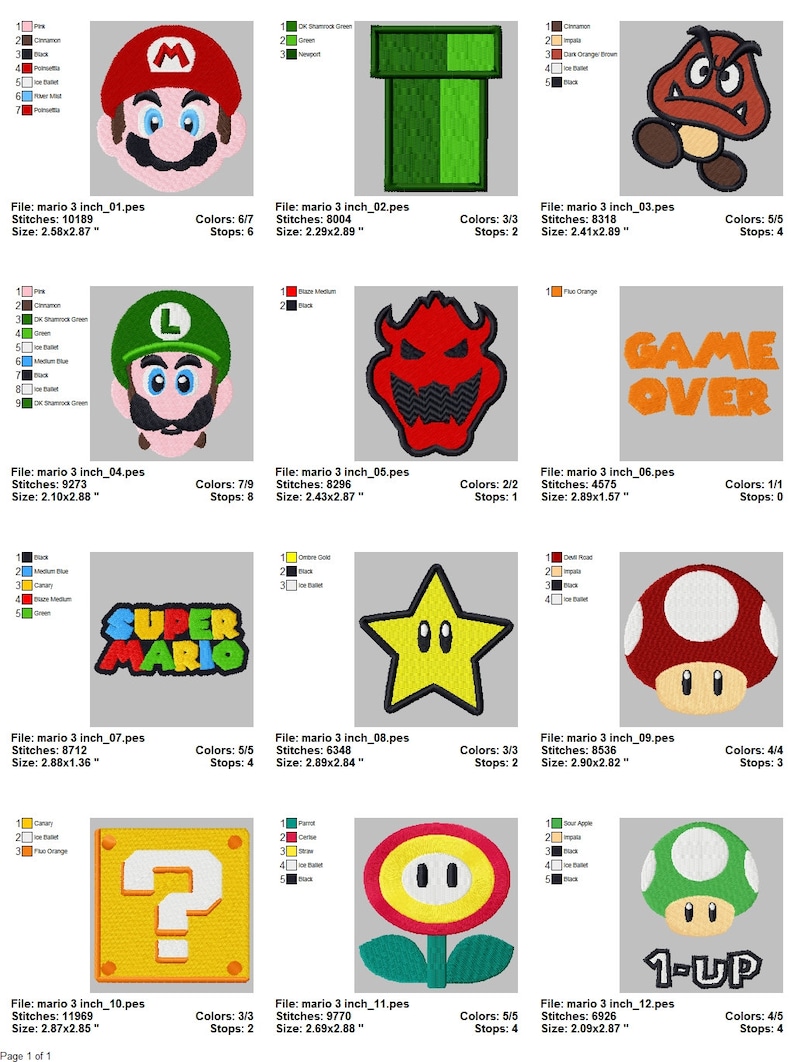 May include: A set of 12 embroidered patches featuring characters and objects from the Super Mario video game series. The patches include Mario, Luigi, a pipe, a Goomba, a star, a mushroom, a question block, a flower, and a 1-up mushroom. The patches are all in different colors and are approximately 3 inches in size.