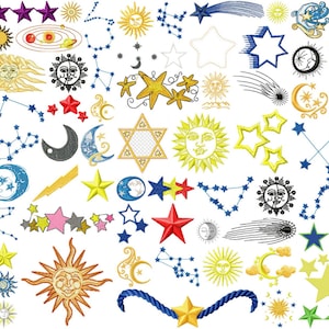 May include: A collection of colourful embroidery designs featuring stars, moons, suns, and constellations. The designs are perfect for adding a celestial touch to any project.