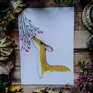 Cerfs et baies aquarelles