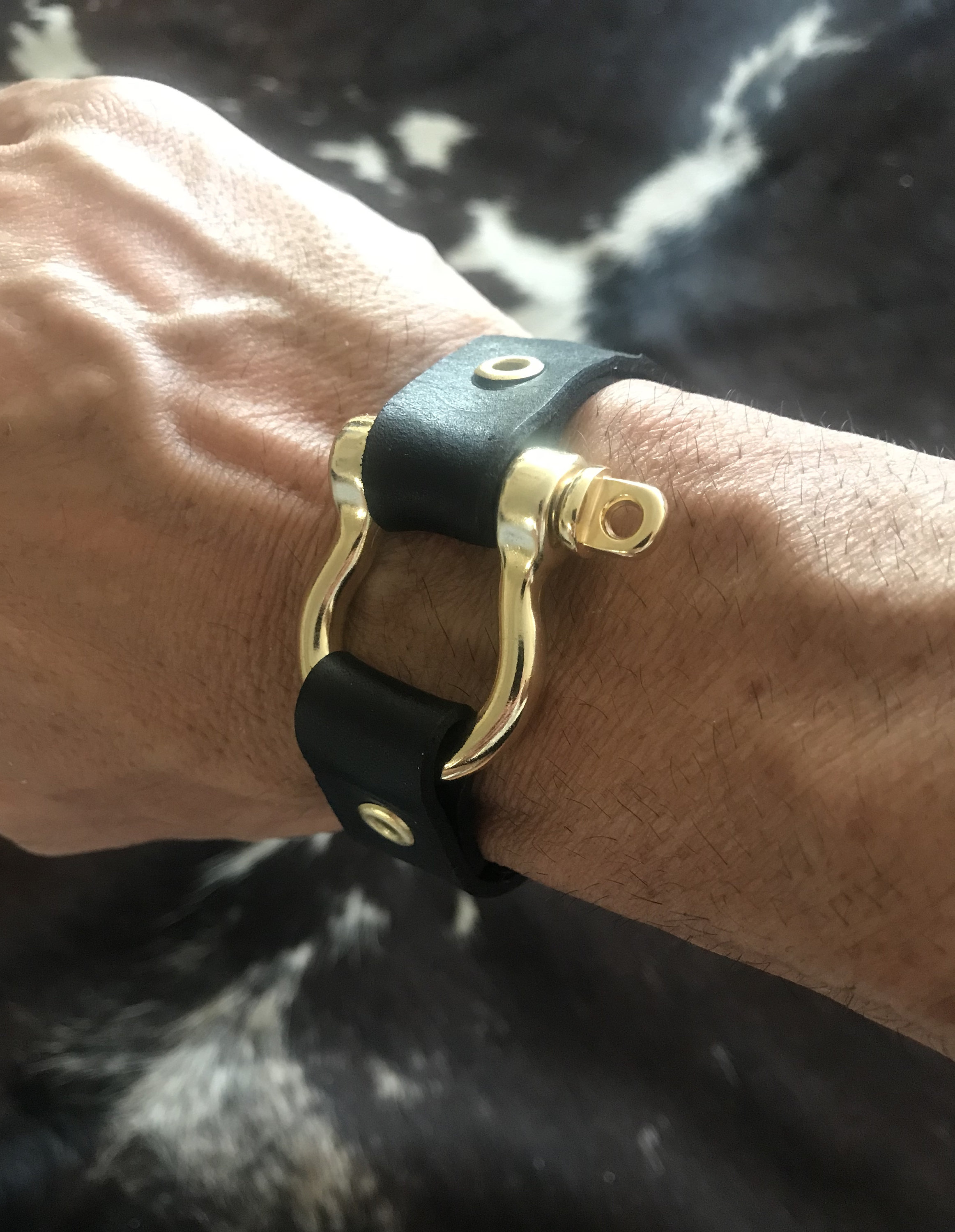 Large Gold Shackle Bracelet on Black Leather Etsy