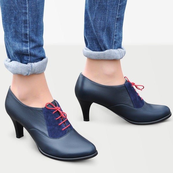 Aldgate Cone - Oxford Heels, Womens Oxfords, Blue Leather Shoes, Heeled Oxfords, Handmade Shoes, Custom Shoes, FREE customization!!