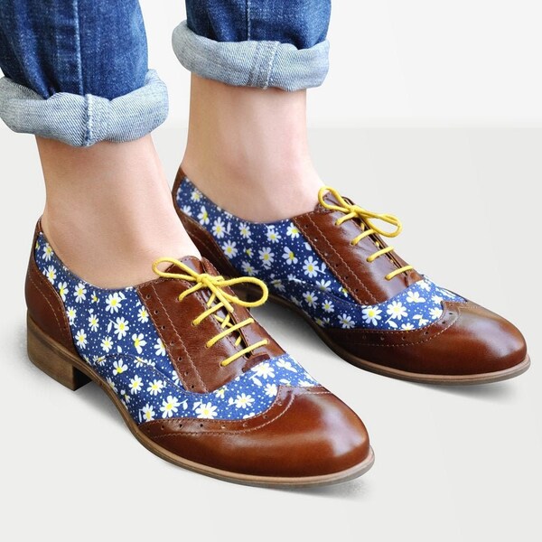 Hudson - Womens Oxfords, Floral shoes, Leather Brogues, Canvas Shoes, Handmade Oxfords, Custom Shoes, FREE customization!!!