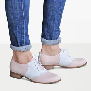 Saddle Womens Leather Oxfords, Classic Handmade Shoes, Vintage Shoes, Pink Shoes, Saddle Shoes, Custom Shoes, FREE customization image 1