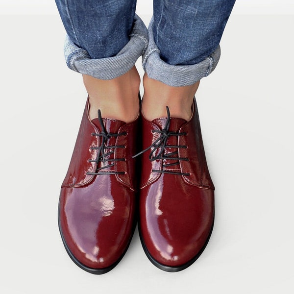 Hendrick - Womens Leather Oxfords, Burgundy shoes, Patent leather, Handmade Shoes, Red Derby Shoes, Custom Shoes, FREE customization!!!