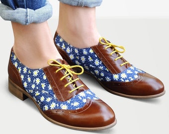 Hudson - Womens Oxfords, Floral shoes, Leather Brogues, Casual Shoes, Handmade Oxfords, Vintage shoes, Custom Shoes, FREE customiz...