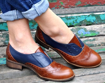 Pershing - Laceless Oxfords, Womens Brogues, Oxfords for Women, Slip On Shoes, Brown Leather Shoes, FREE customization!!!