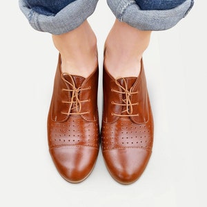 Vernon - Women&#39;s brown shoes from a perforated leather, tan oxfords flats with sleek soles, fully handcrafted and customizable