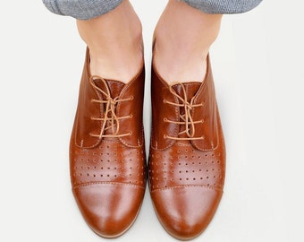 Vernon - Womens Perforated Leather Oxfords, Classic Handmade Shoes, Brown shoes, Custom Shoes, FREE customization!!!