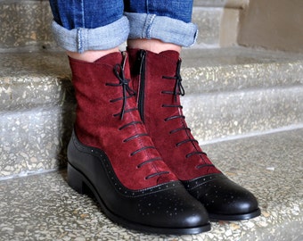 Arsenal - Women&#39;s leather ankle boots in the black leather and burgundy suede, chic Balmoral boots with a zipper, handmade and customizable