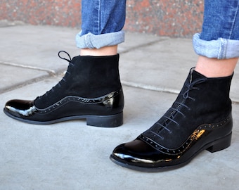 Armada - Women&#39;s oxfords boots, ankle boots in black patent leather and suede, fashionable boots for work, fully handmade and customizable