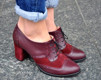 Fulham: Women’s Burgundy Leather & Suede Oxford Brogue Heels – Lace-Up Dress Shoes, Handmade and Customizable