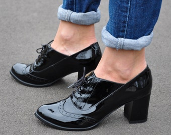 Kent - Women&#39;s black heels in glossy patent leather, heeled oxford shoes for special events, fully handmade and customizable