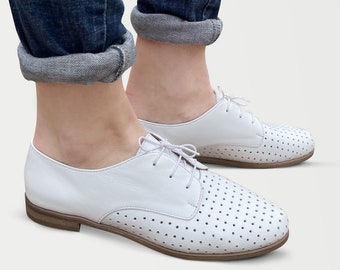 Clair - White Perforated Leather Oxford Shoes, Womens Brogues, Summer Shoes, Leather Shoes, Custom Shoes, FREE customization!!!