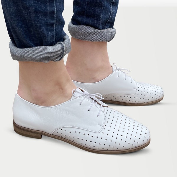 Clair - White Perforated Leather Oxford Shoes, Womens Brogues, Summer Derby Shoes, Leather Shoes, Custom Shoes, FREE customization!!!