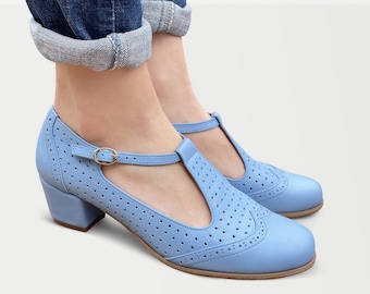 Ella - Women's Perforated Leather Mary Janes, Heeled Mary Janes, Vintage Shoes, Light Blue Shoes, Custom Shoes, FREE customization!!!