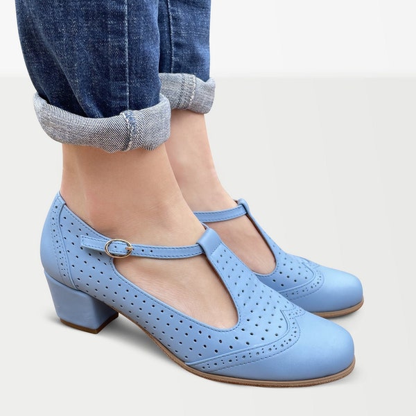 Ella - Women's Perforated Leather Mary Janes, Heeled Mary Janes, Vintage Shoes, Light Blue Shoes, Custom Shoes, FREE customization!!!