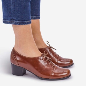 Vienna Women s Brown Oxford Heels Minimalist Shoes With Round Toes and Low Comfortable Heels Etsy