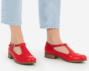 Jane: Women's Red Leather Mary Jane Shoes - Handcrafted T-Bar Design, Customizable